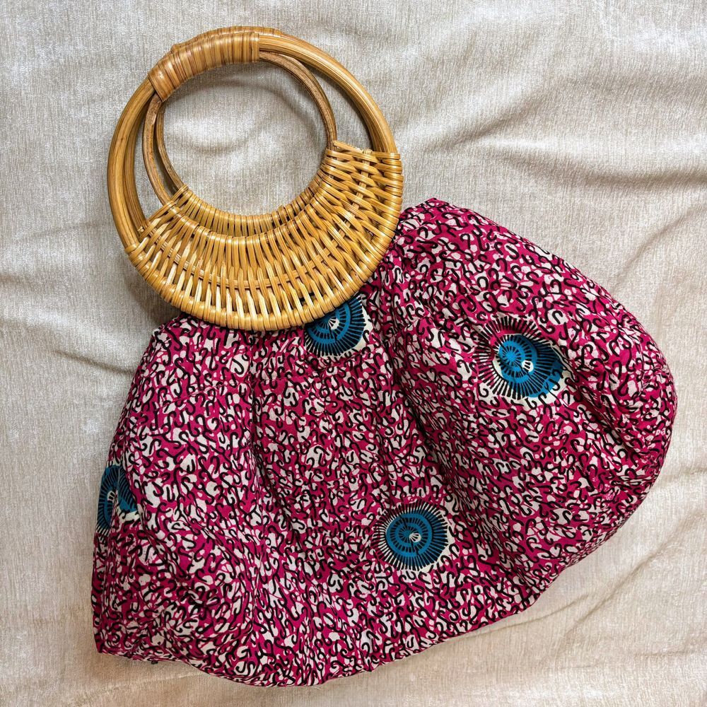Boho Fabric Bag Rattan Handle Retro Pink Floral